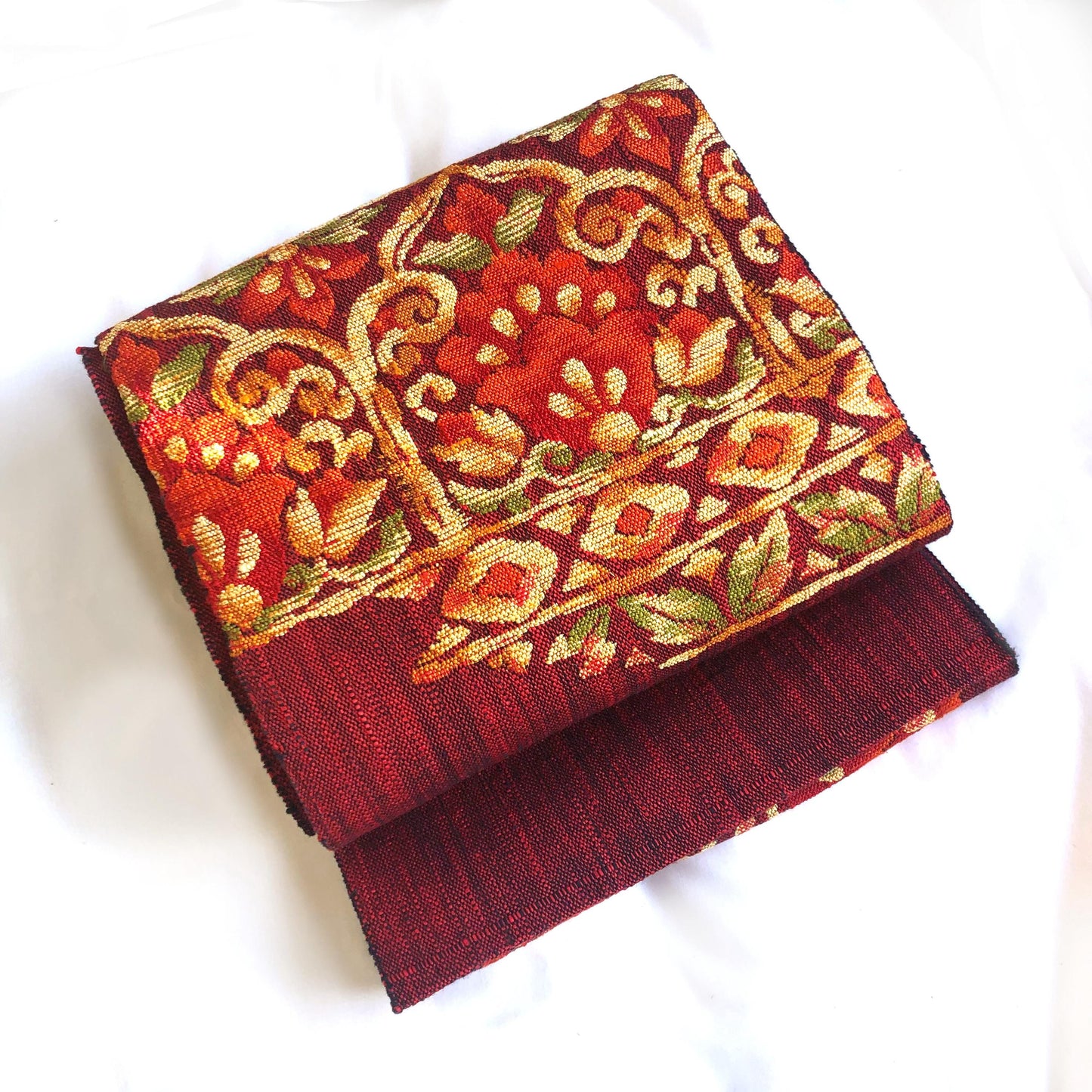 Vintage Nagoya obi - textured vivid red with floral motifs
