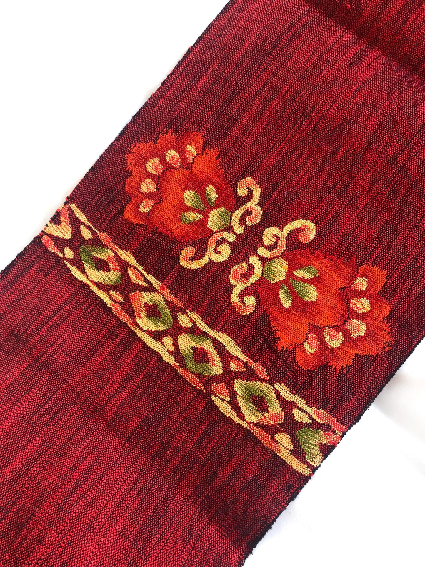 Vintage Nagoya obi - textured vivid red with floral motifs