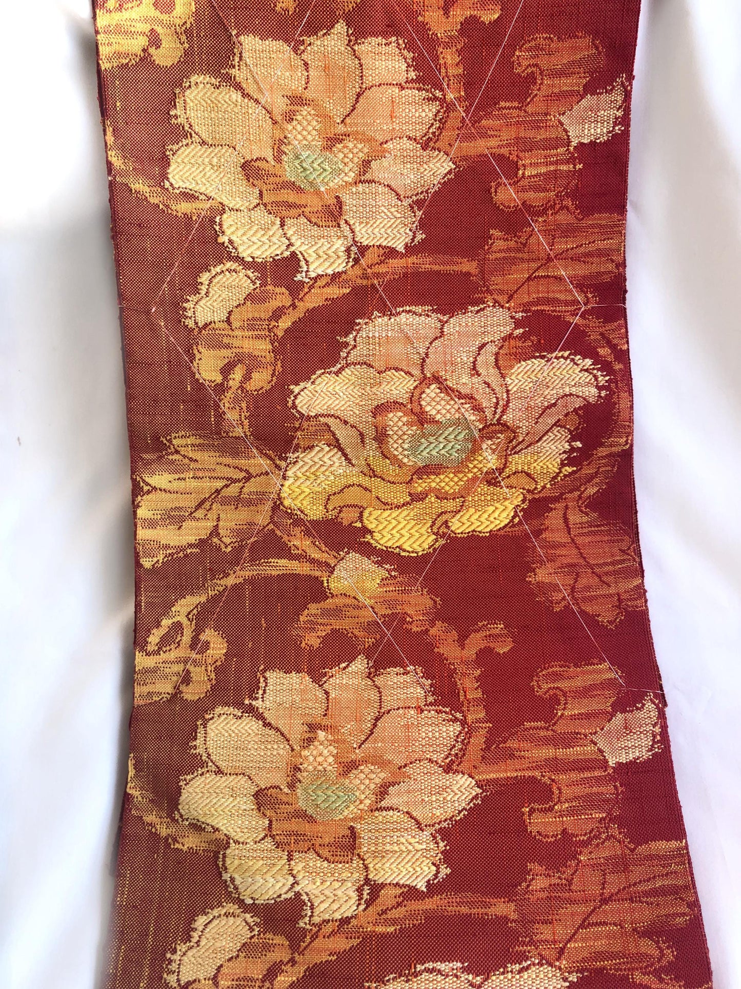 Vintage Nagoya obi - unused - textured orange with floral motifs