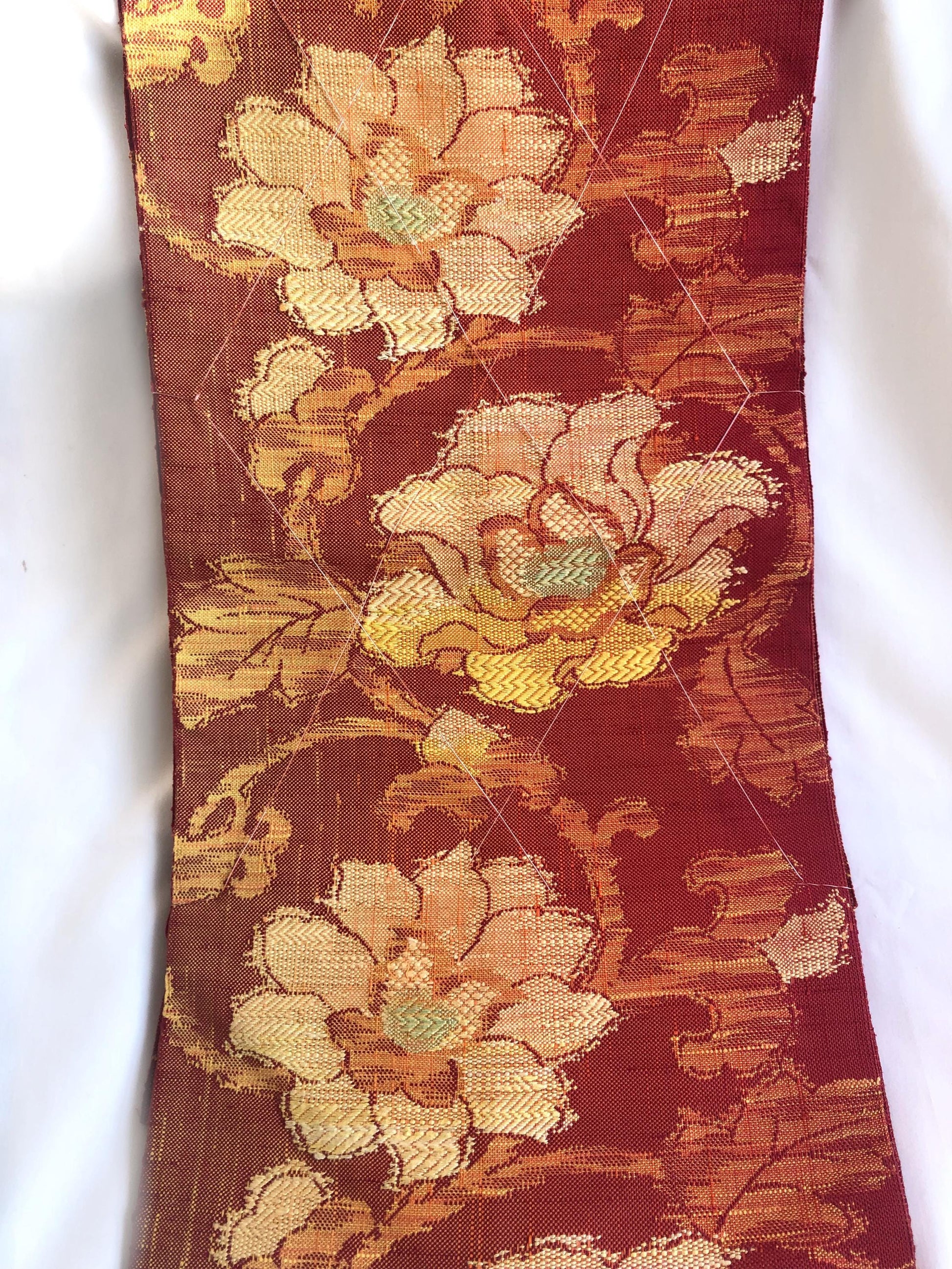 Vintage Nagoya obi - unused - textured orange with floral motifs