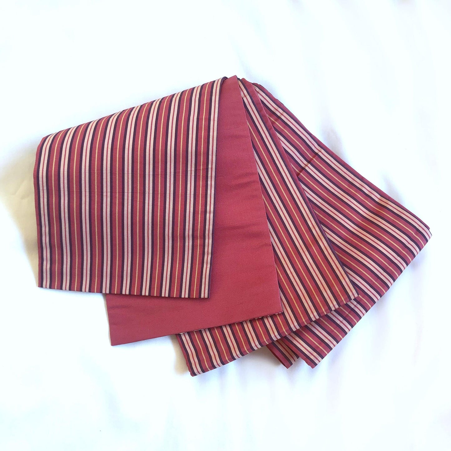Simple Japanese silk hanhaba obi - dusty raspberry pink with purple, yellow, and pink stripes