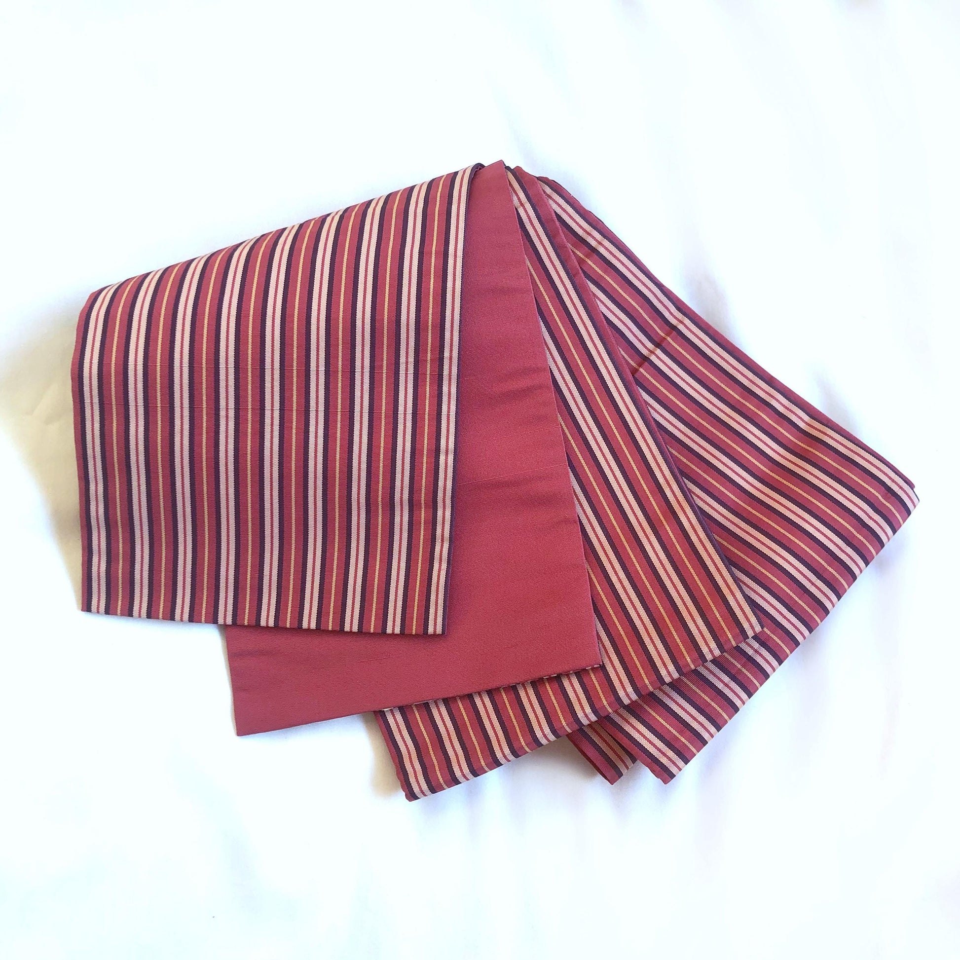 Simple Japanese silk hanhaba obi - dusty raspberry pink with purple, yellow, and pink stripes