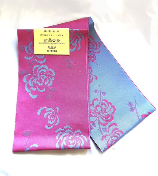 Cute Japanese hanhaba obi - baby blue and pink spider lily pattern