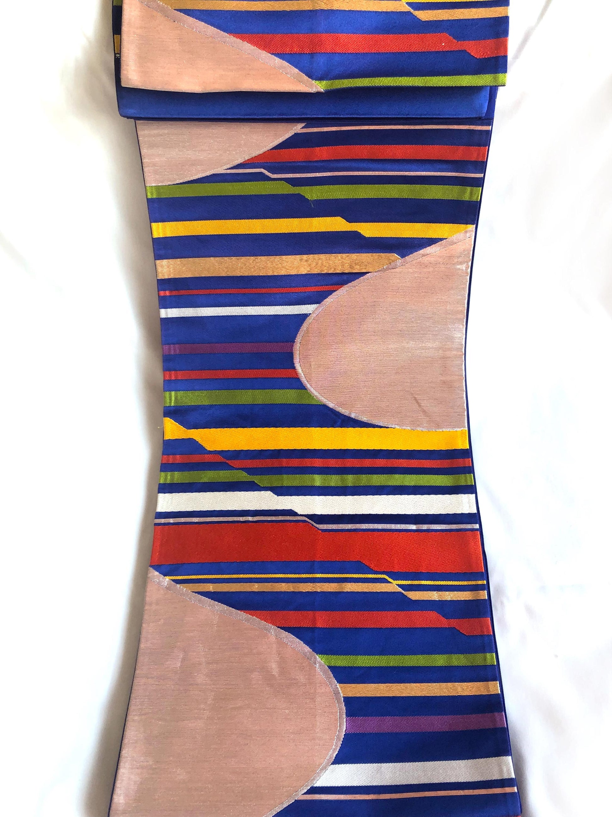 Fukuro obi - vivid blue with rainbow stripes and silver accents