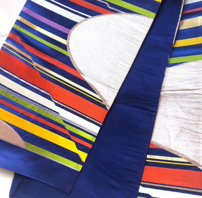 Fukuro obi - vivid blue with rainbow stripes and silver accents