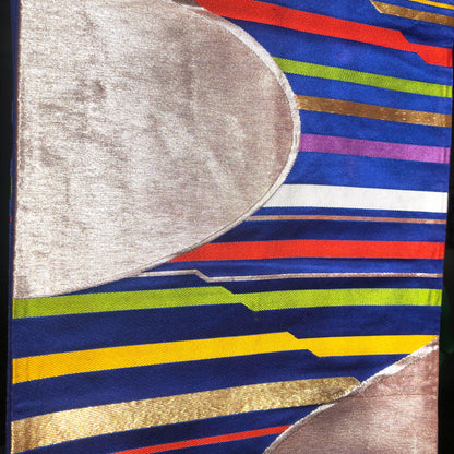 Fukuro obi - vivid blue with rainbow stripes and silver accents