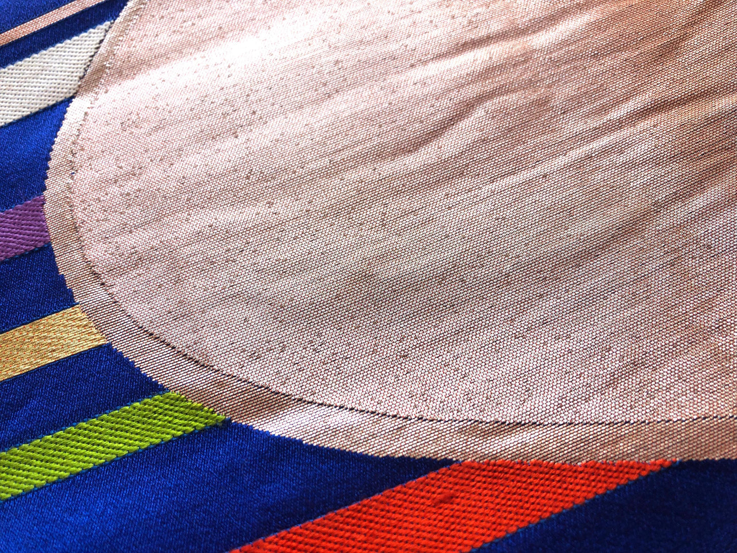 Fukuro obi - vivid blue with rainbow stripes and silver accents