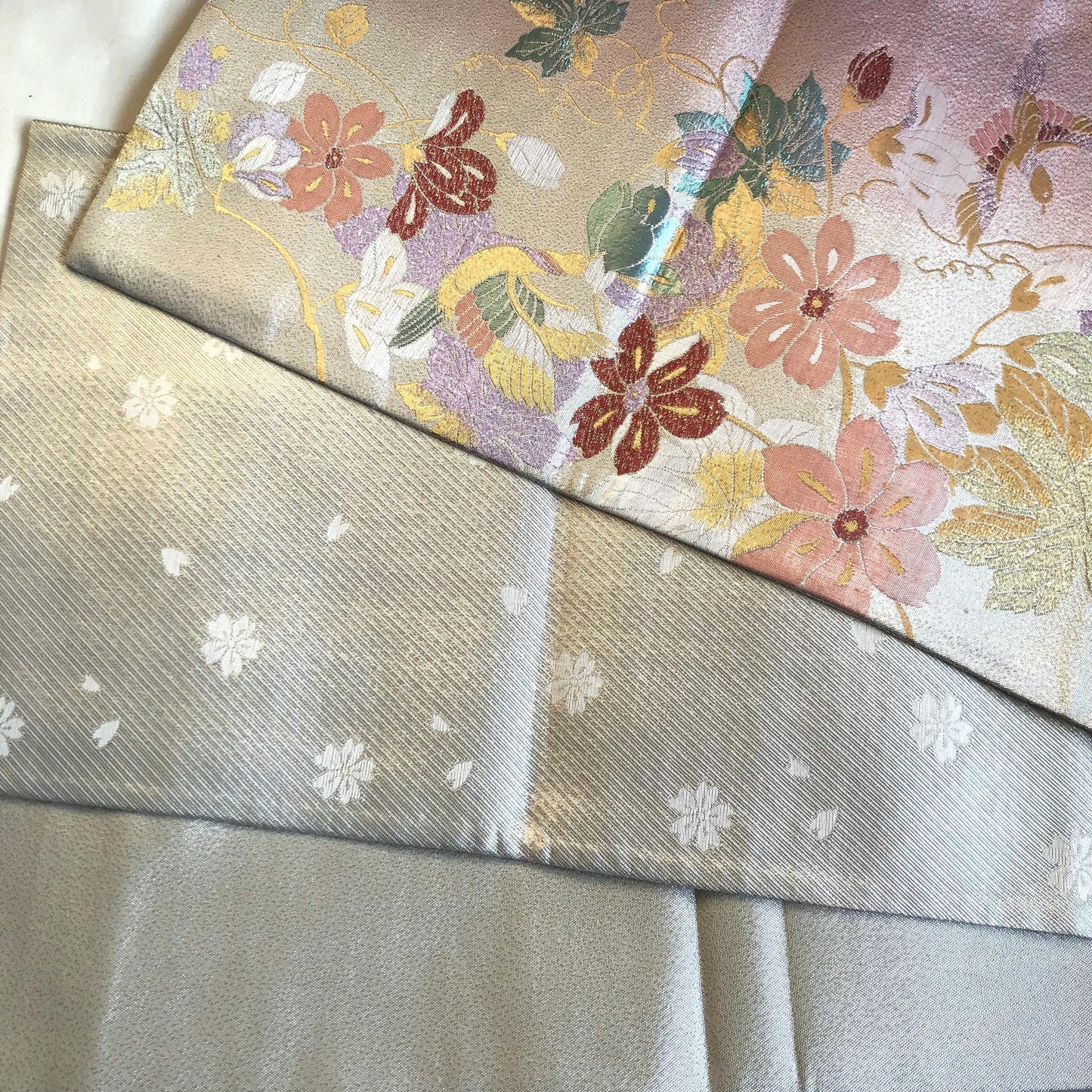 Festive fukuro obi - metallic silver with pastel flowers and birds
