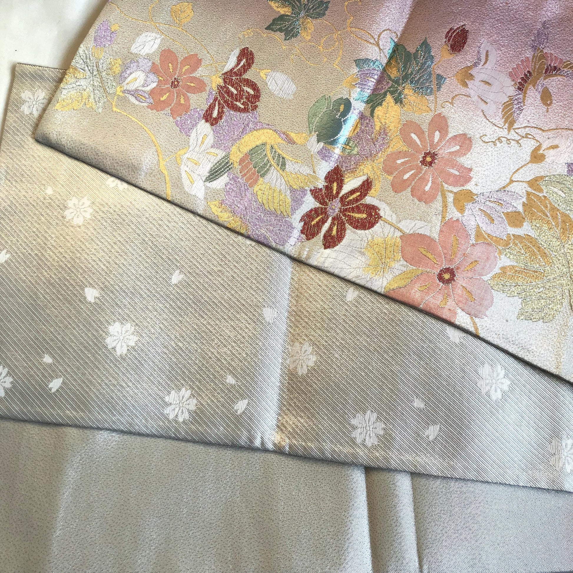 Festive fukuro obi - metallic silver with pastel flowers and birds