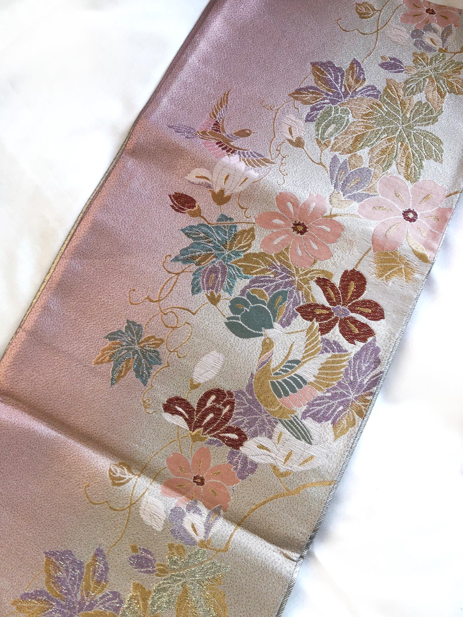 Festive fukuro obi - metallic silver with pastel flowers and birds
