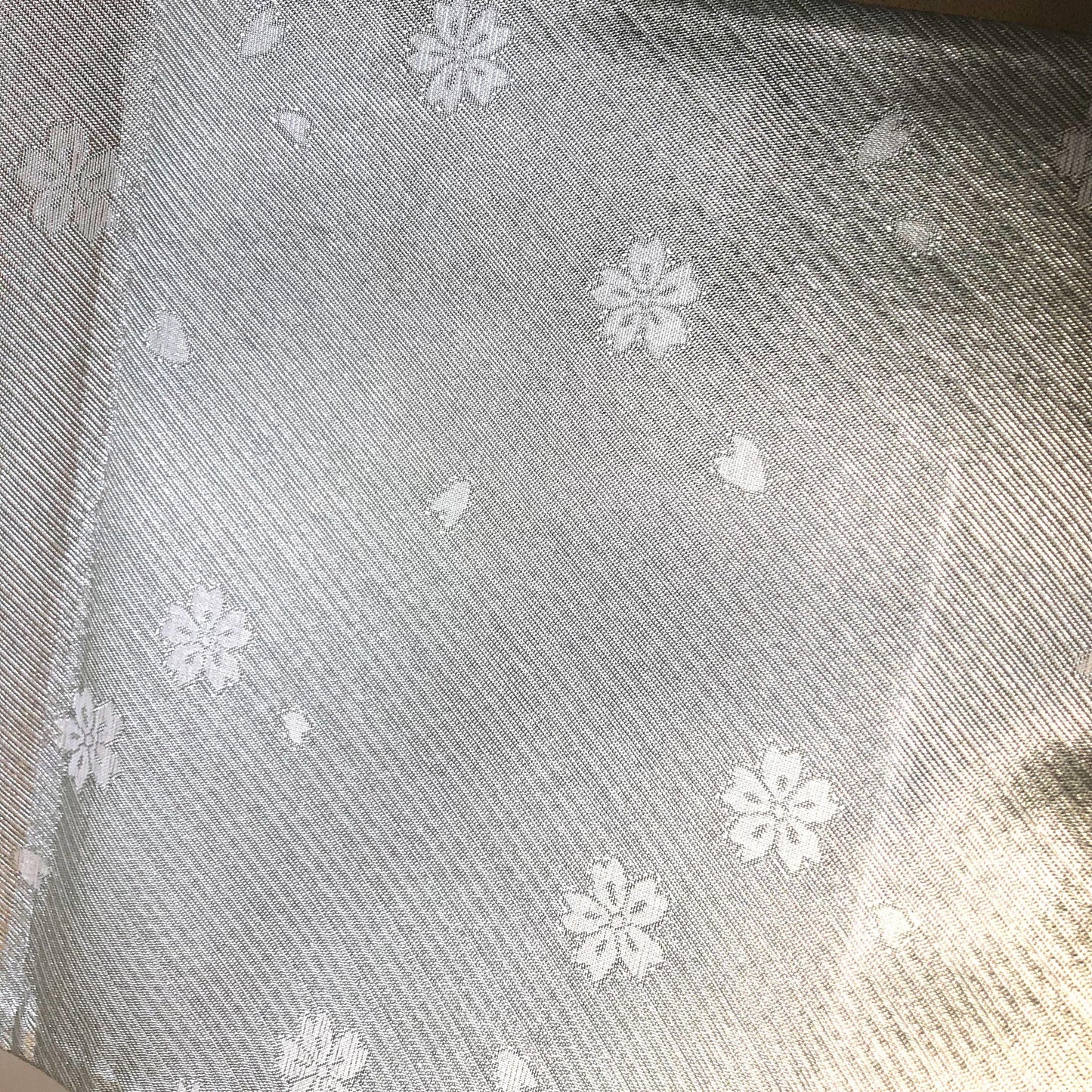 Festive fukuro obi - metallic silver with pastel flowers and birds