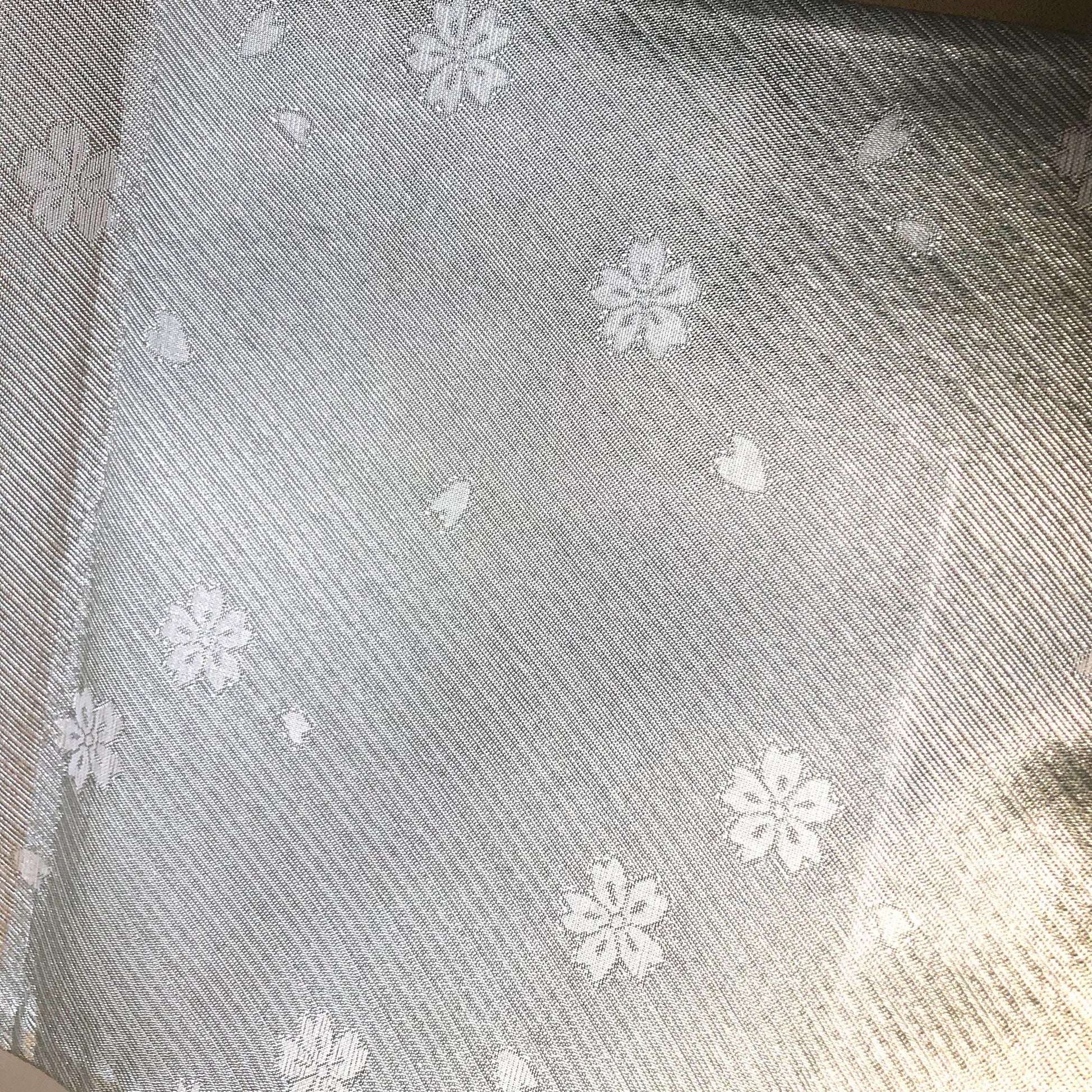 Festive fukuro obi - metallic silver with pastel flowers and birds