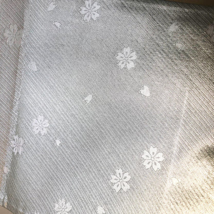 Festive fukuro obi - metallic silver with pastel flowers and birds