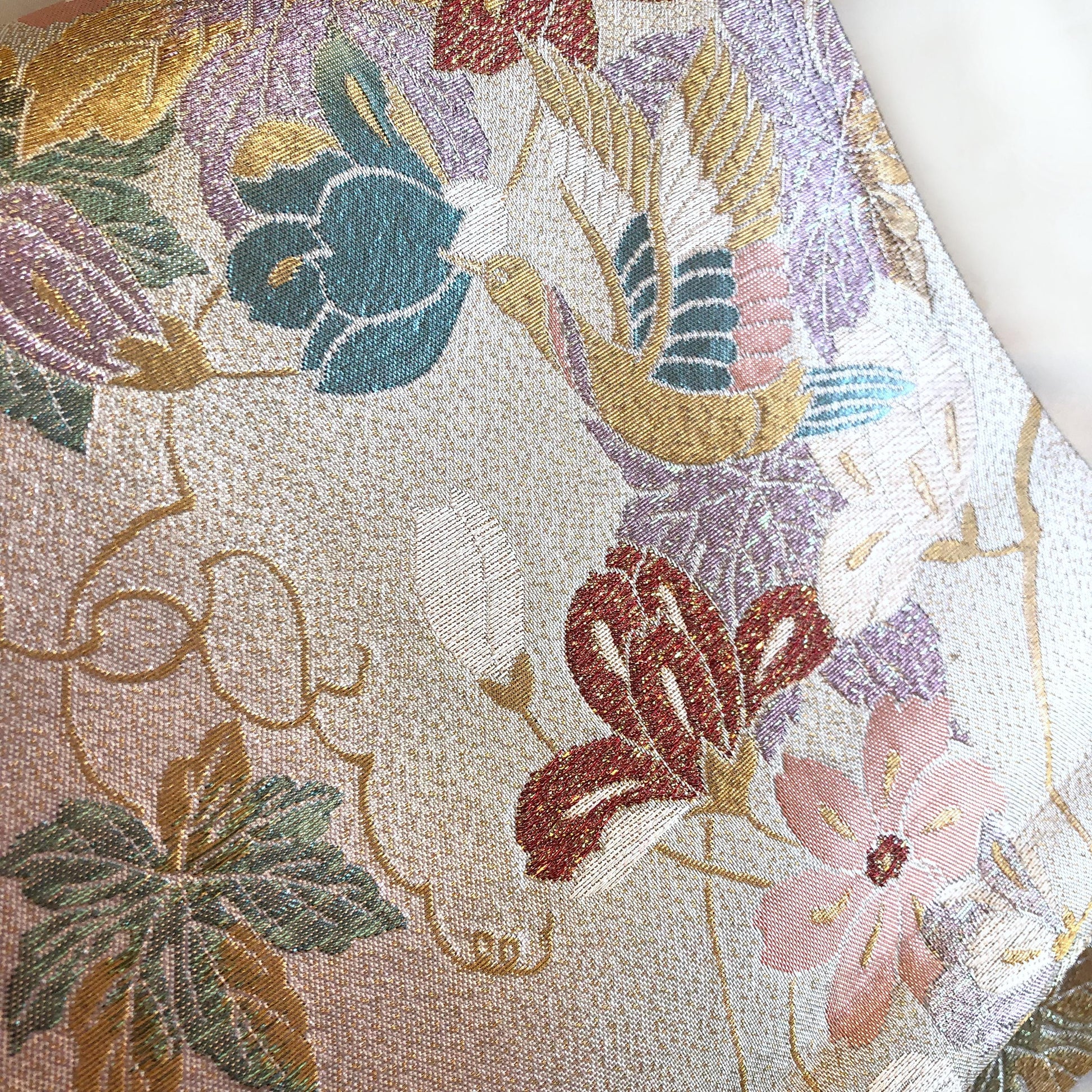 Festive fukuro obi - metallic silver with pastel flowers and birds