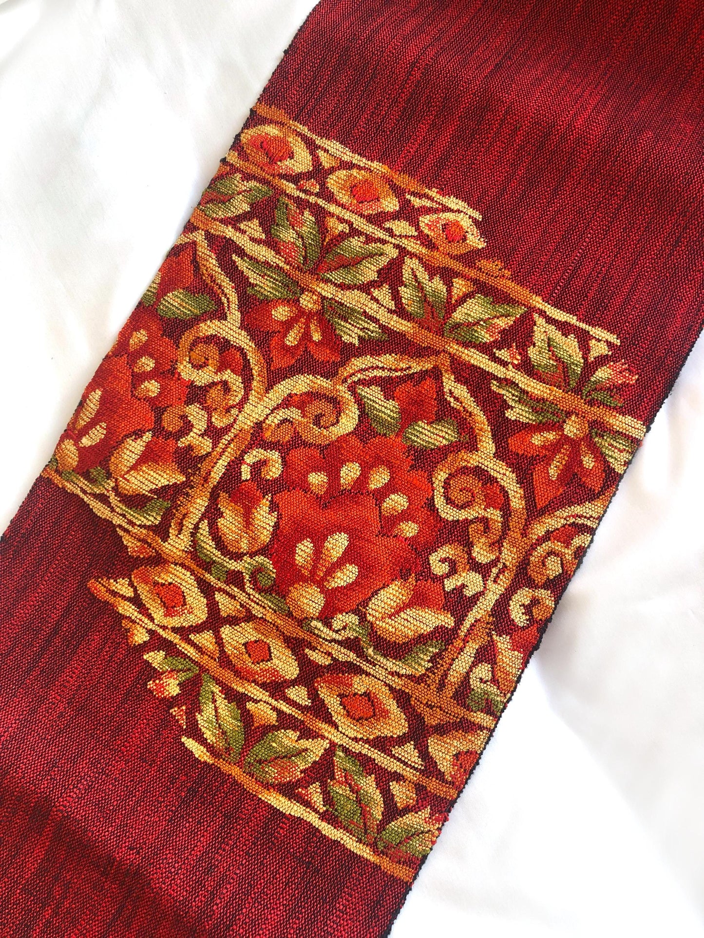 Vintage Nagoya obi - textured vivid red with floral motifs