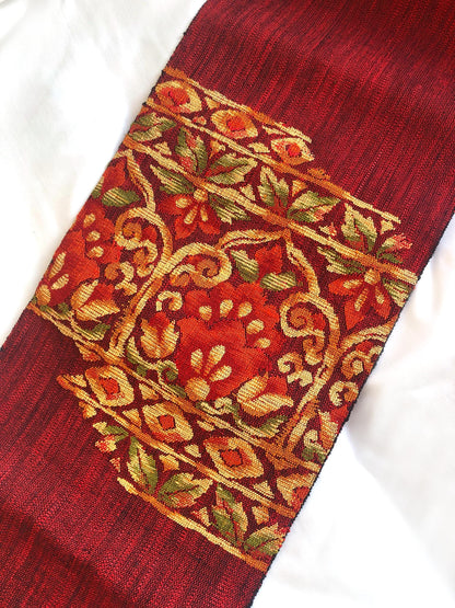 Vintage Nagoya obi - textured vivid red with floral motifs
