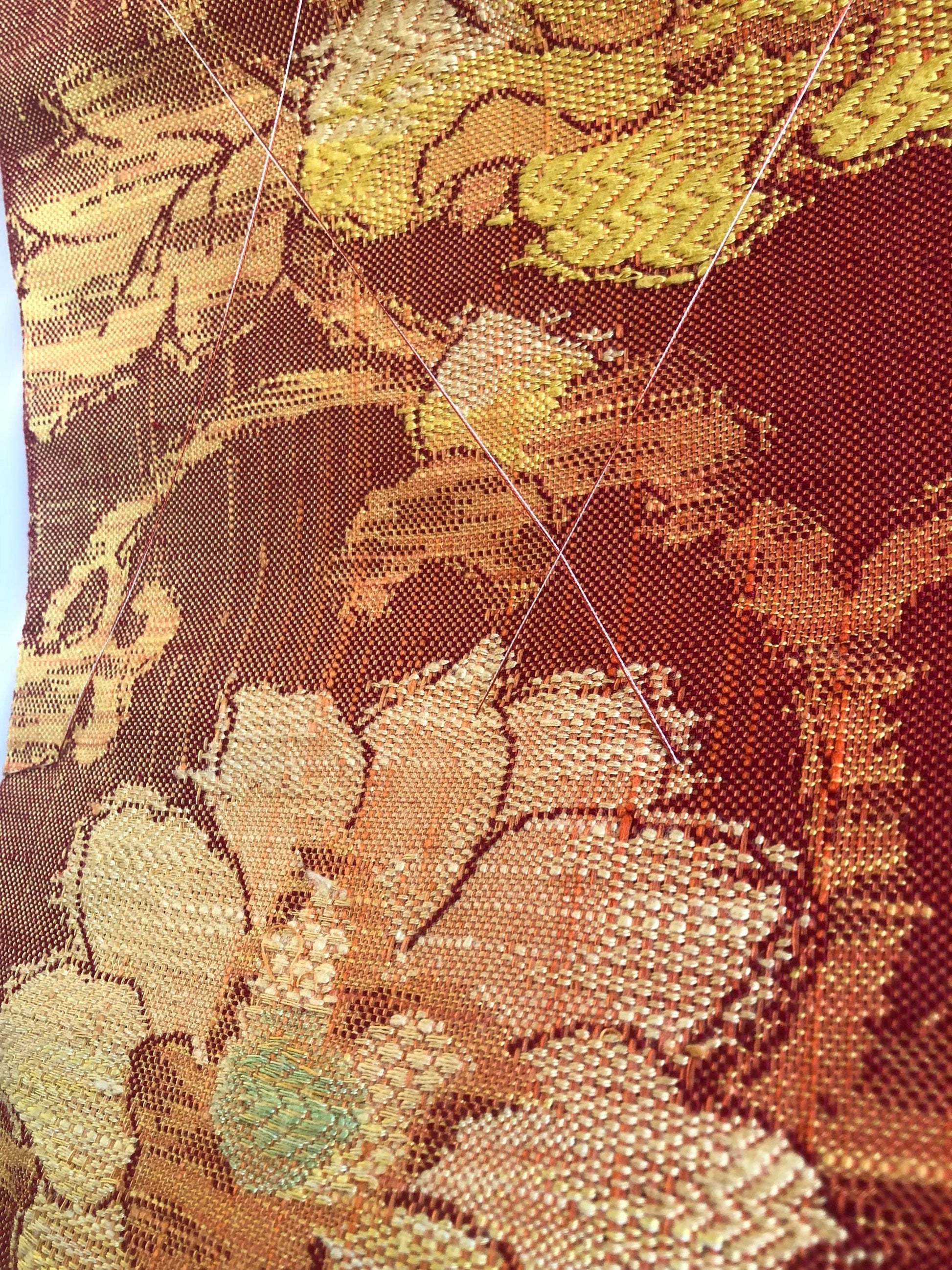 Vintage Nagoya obi - unused - textured orange with floral motifs