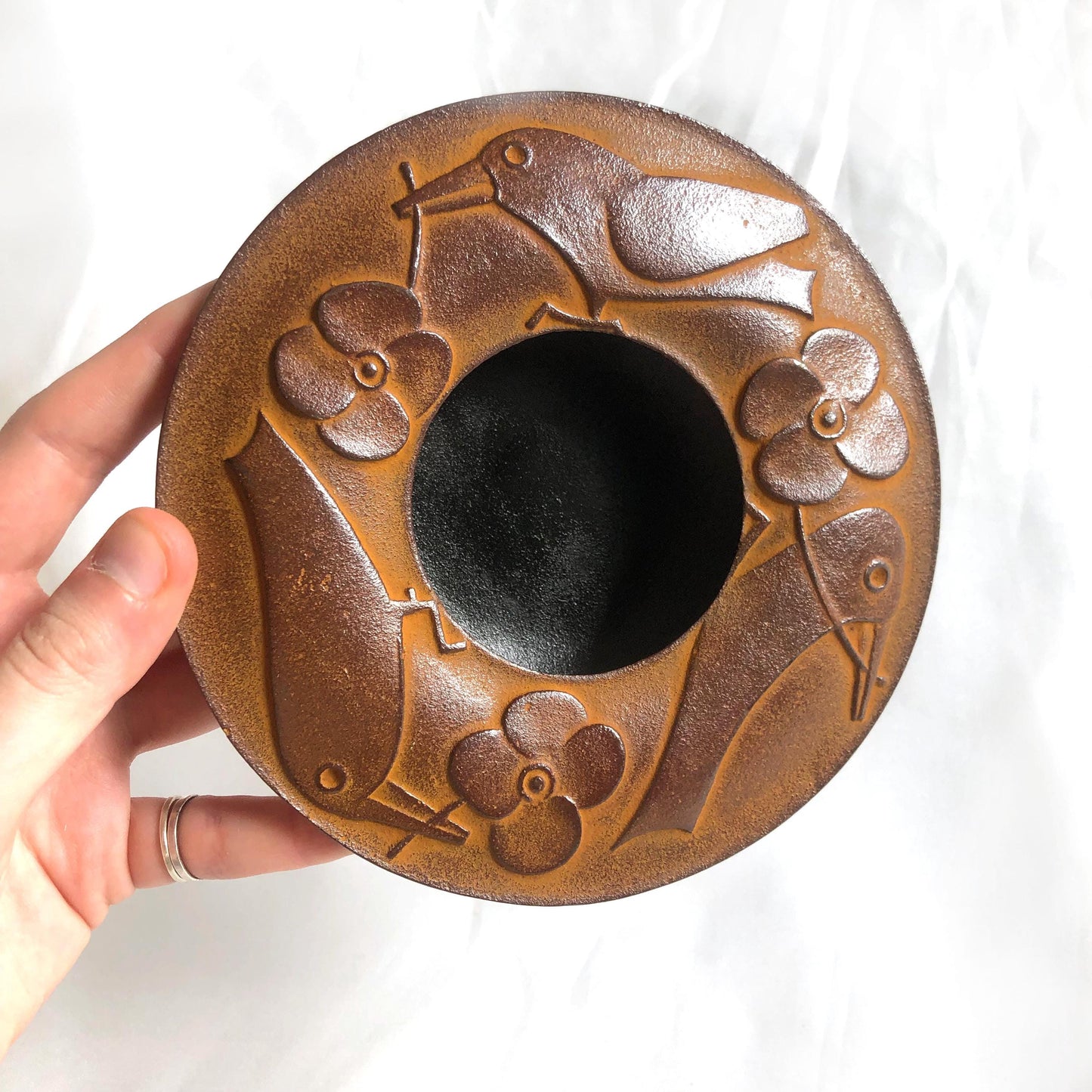 Japanese cast iron ashtray - nanbu tekki - birds and flowers