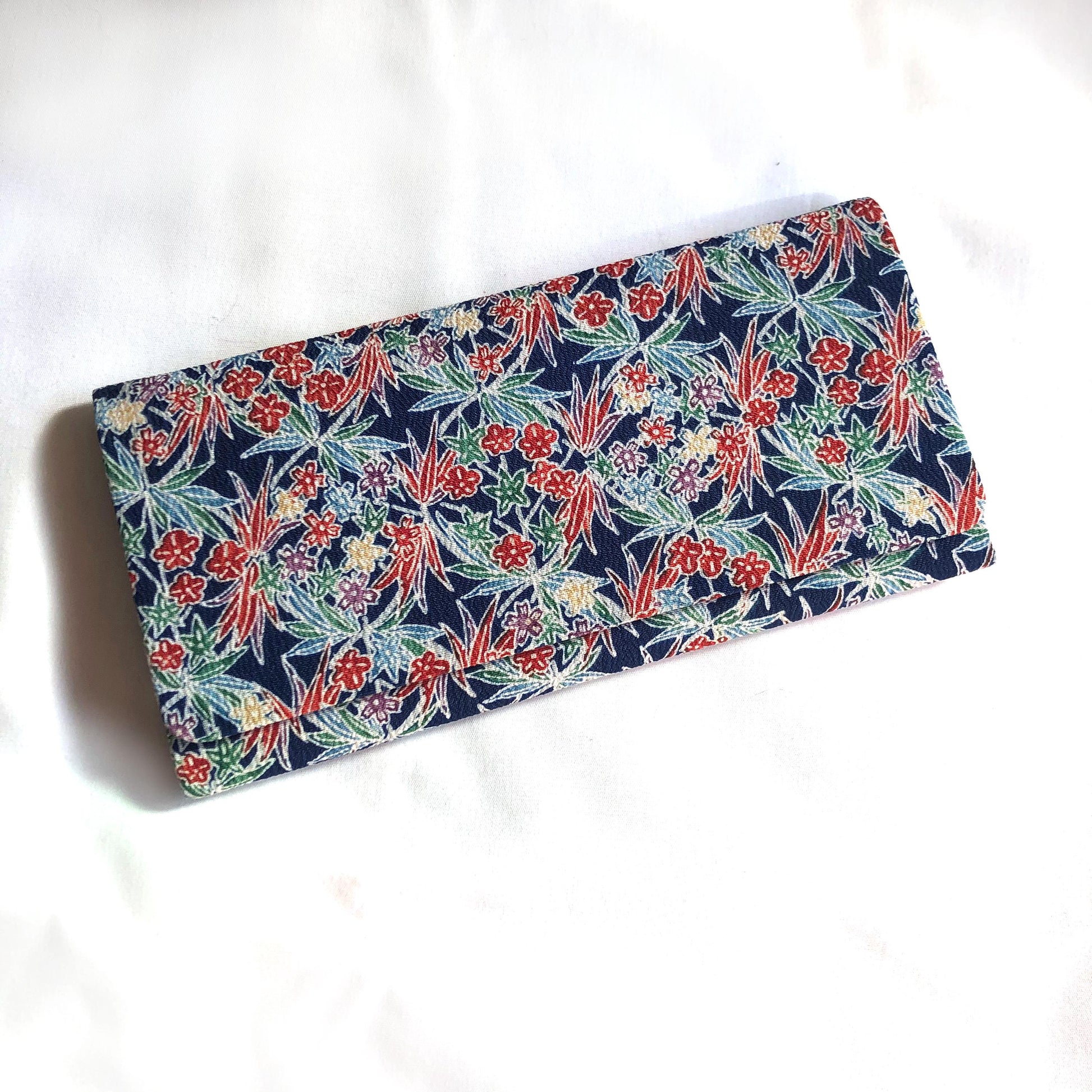 Vintage Japanese slim wallet - navy blue and colorful flowers