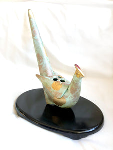 Japanese iron cast pheasant - incense burner (mint and golden with a display base)