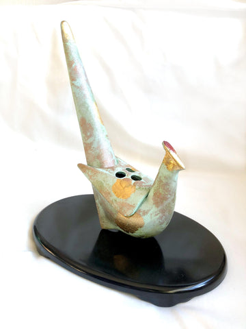 Japanese iron cast pheasant - incense burner (mint and golden with a display base)