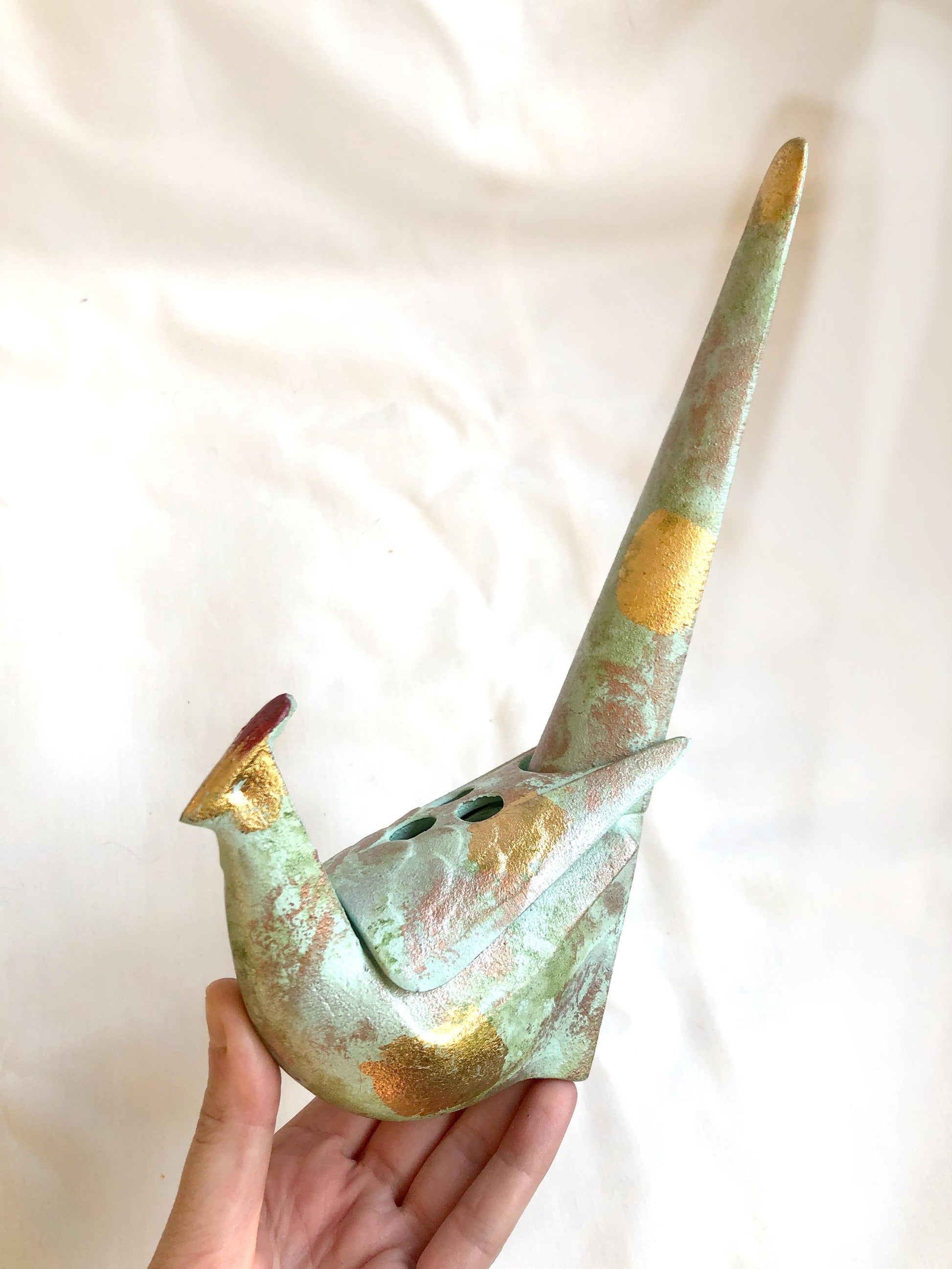 Japanese iron cast pheasant - incense burner (mint and golden with a display base)
