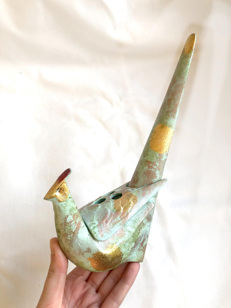 Japanese iron cast pheasant - incense burner (mint and golden with a display base)
