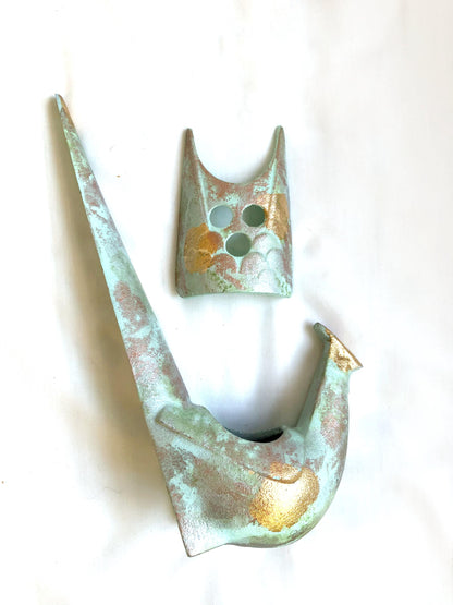 Japanese iron cast pheasant - incense burner (mint and golden with a display base)