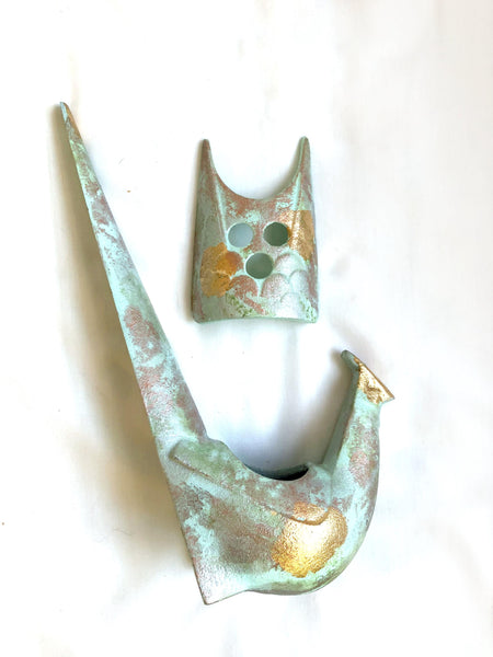 Japanese iron cast pheasant - incense burner (mint and golden with a display base)