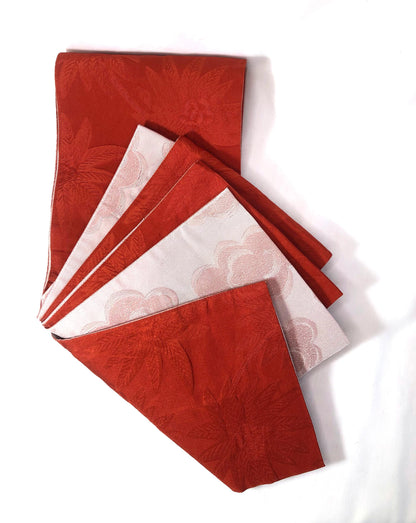 Reversible Japanese hanhaba obi - red palm trees and pinkish clouds