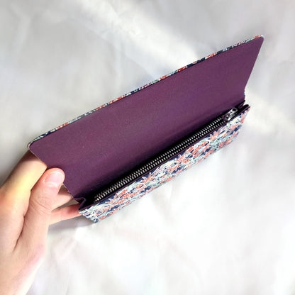 Vintage Japanese slim wallet - navy blue and colorful flowers