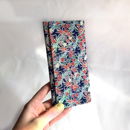 Vintage Japanese slim wallet - navy blue and colorful flowers