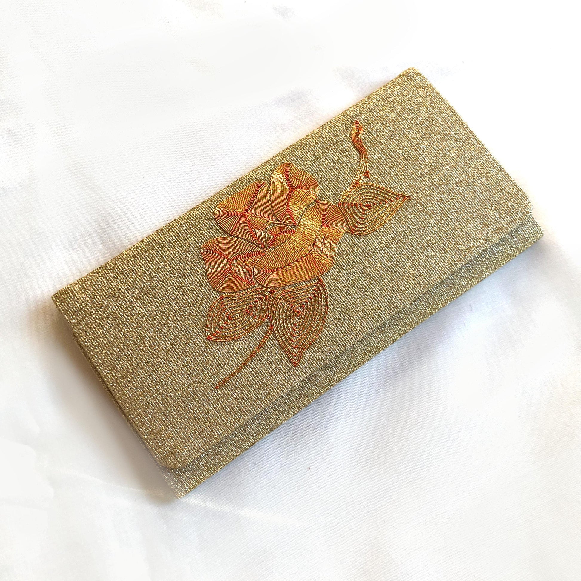 Vintage Japanese slim wallet - golden brocade with camellia flower motif