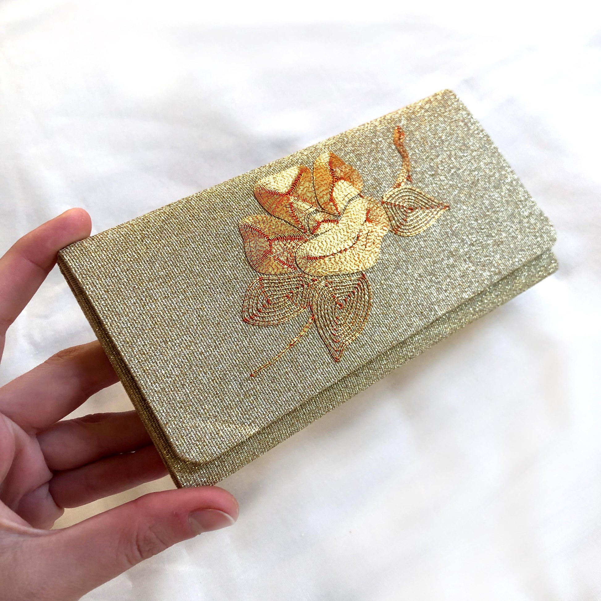 Vintage Japanese slim wallet - golden brocade with camellia flower motif