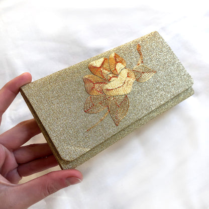 Vintage Japanese slim wallet - golden brocade with camellia flower motif