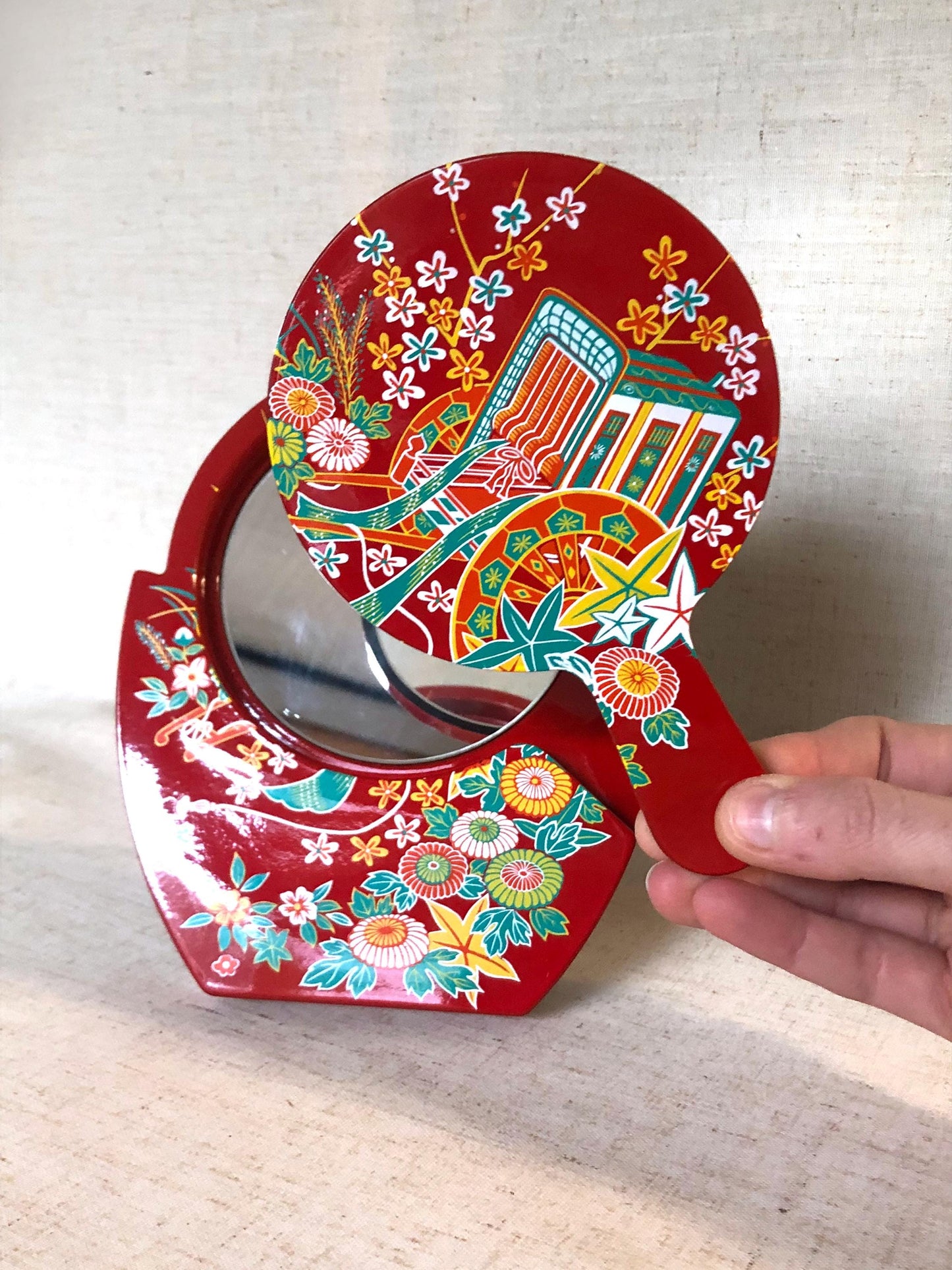 Cute Japanese set - standing and handheld mirror with colorful flowers