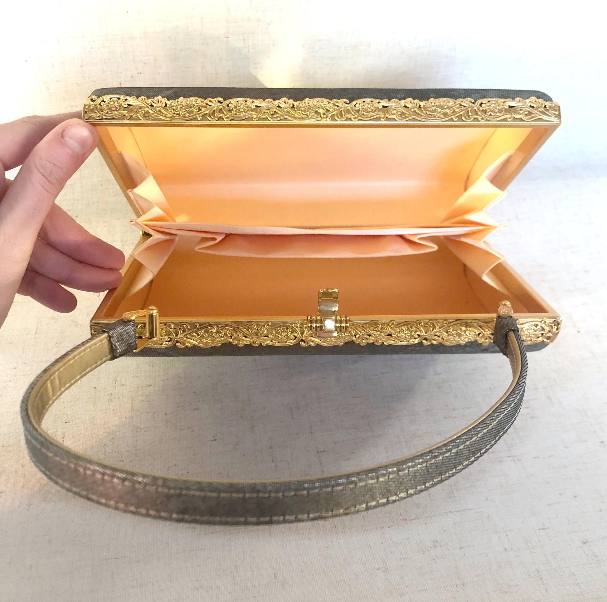 Vintage kimono handbag - metallic gray and copper