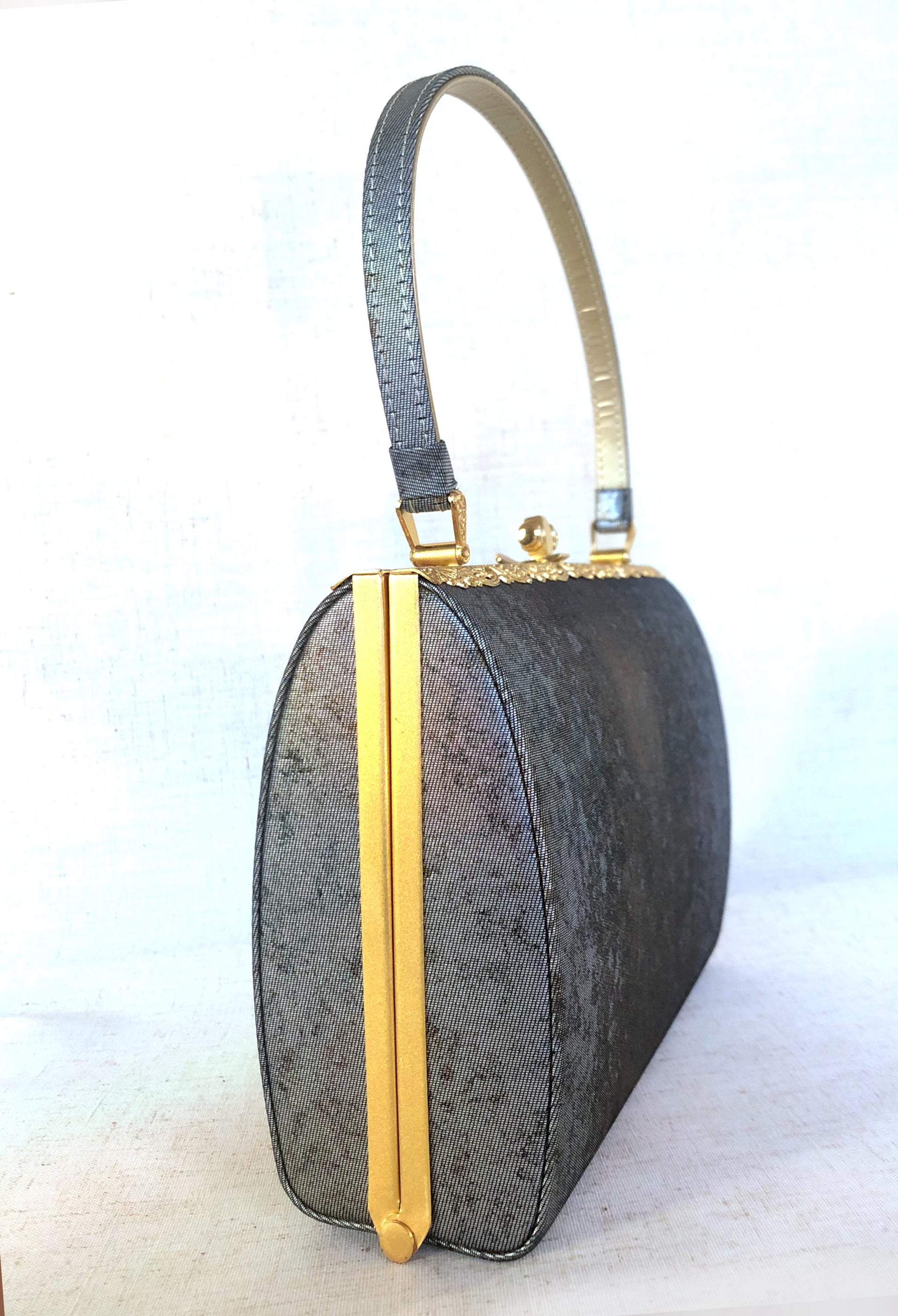 Vintage kimono handbag - metallic gray and copper