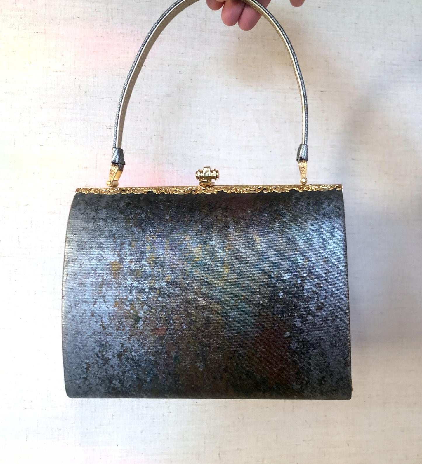 Vintage kimono handbag - metallic gray and copper
