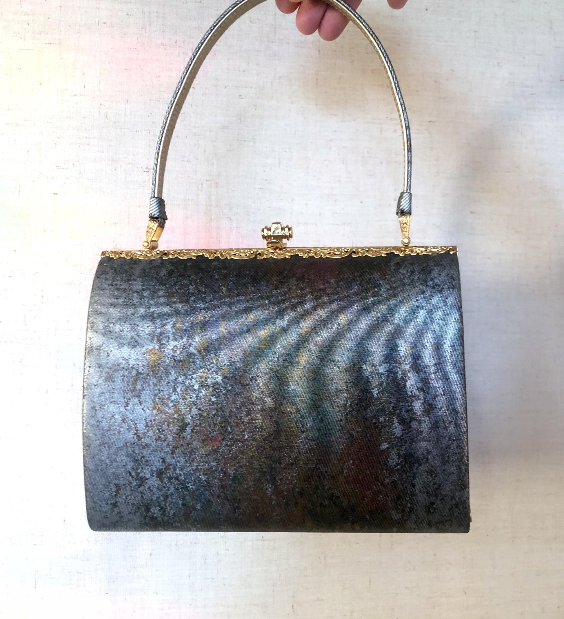 Vintage kimono handbag - metallic gray and copper