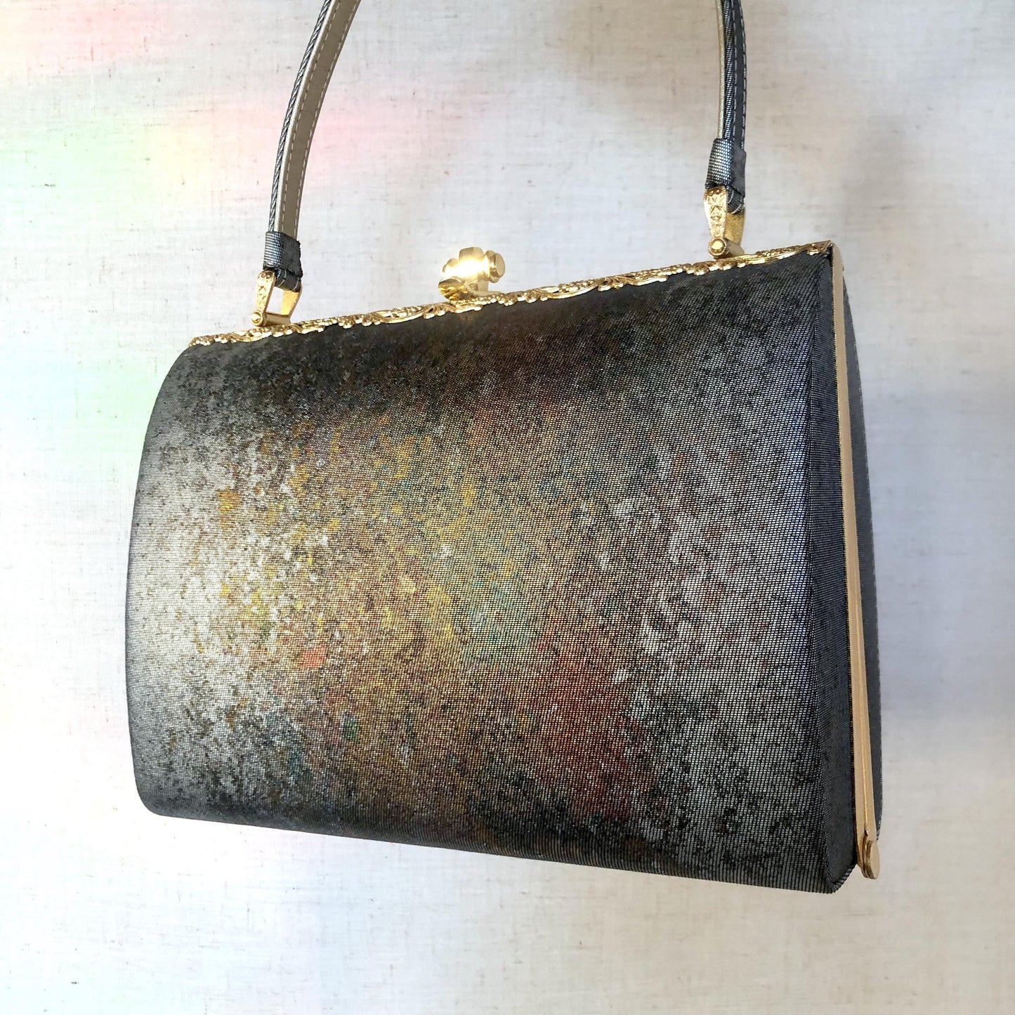 Vintage kimono handbag - metallic gray and copper
