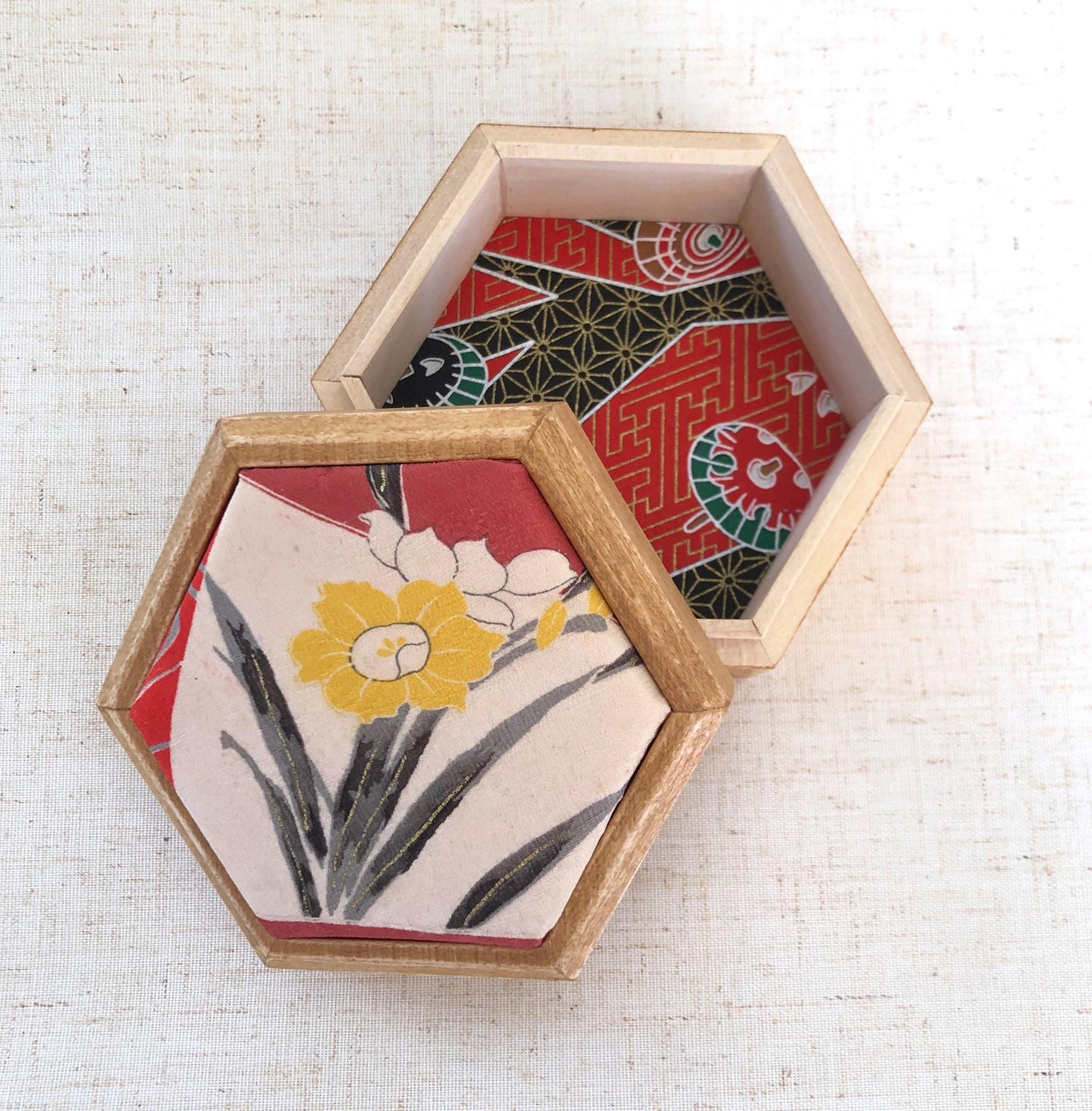 Hexagonal wooden box with upcycled kimono fabric lid
