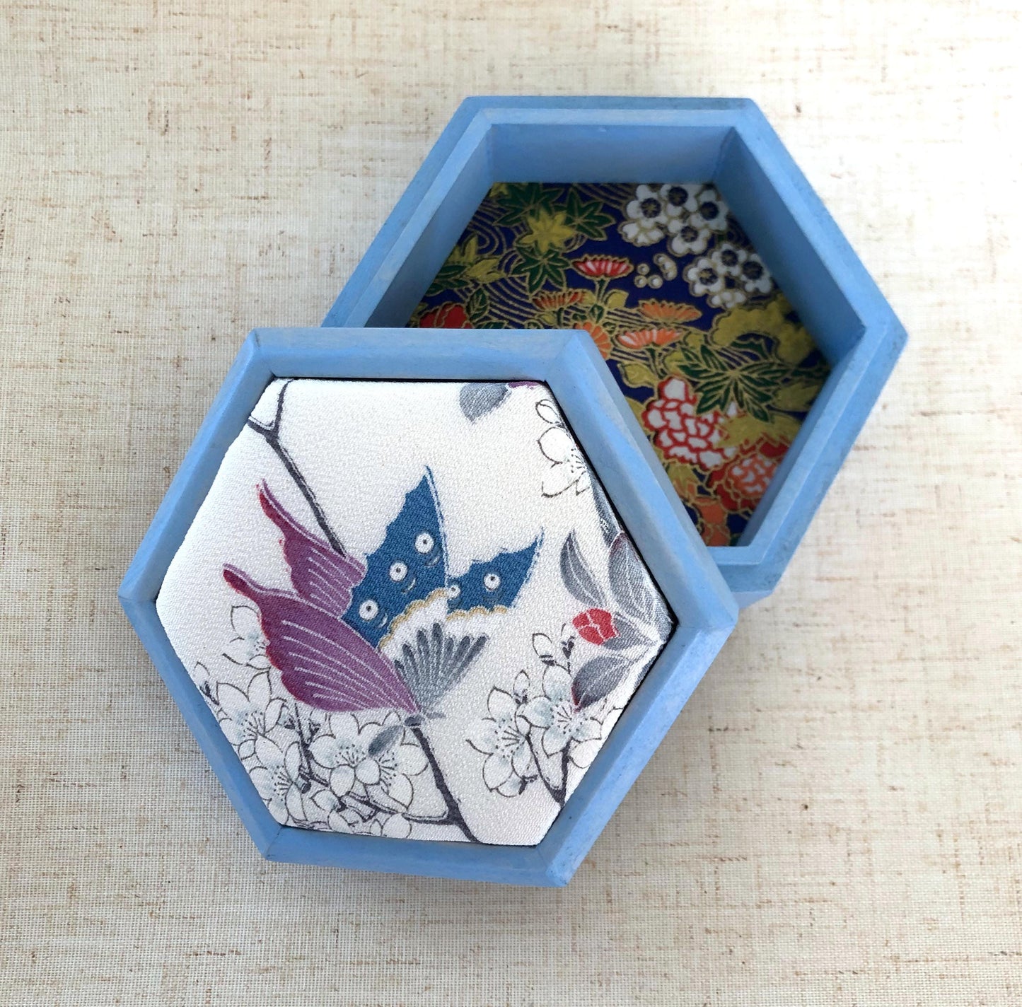 Hexagonal wooden box with upcycled kimono fabric lid