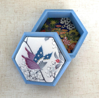 Hexagonal wooden box with upcycled kimono fabric lid