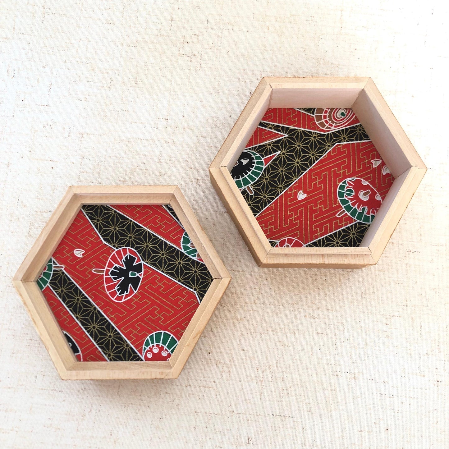 Hexagonal wooden box with upcycled kimono fabric lid