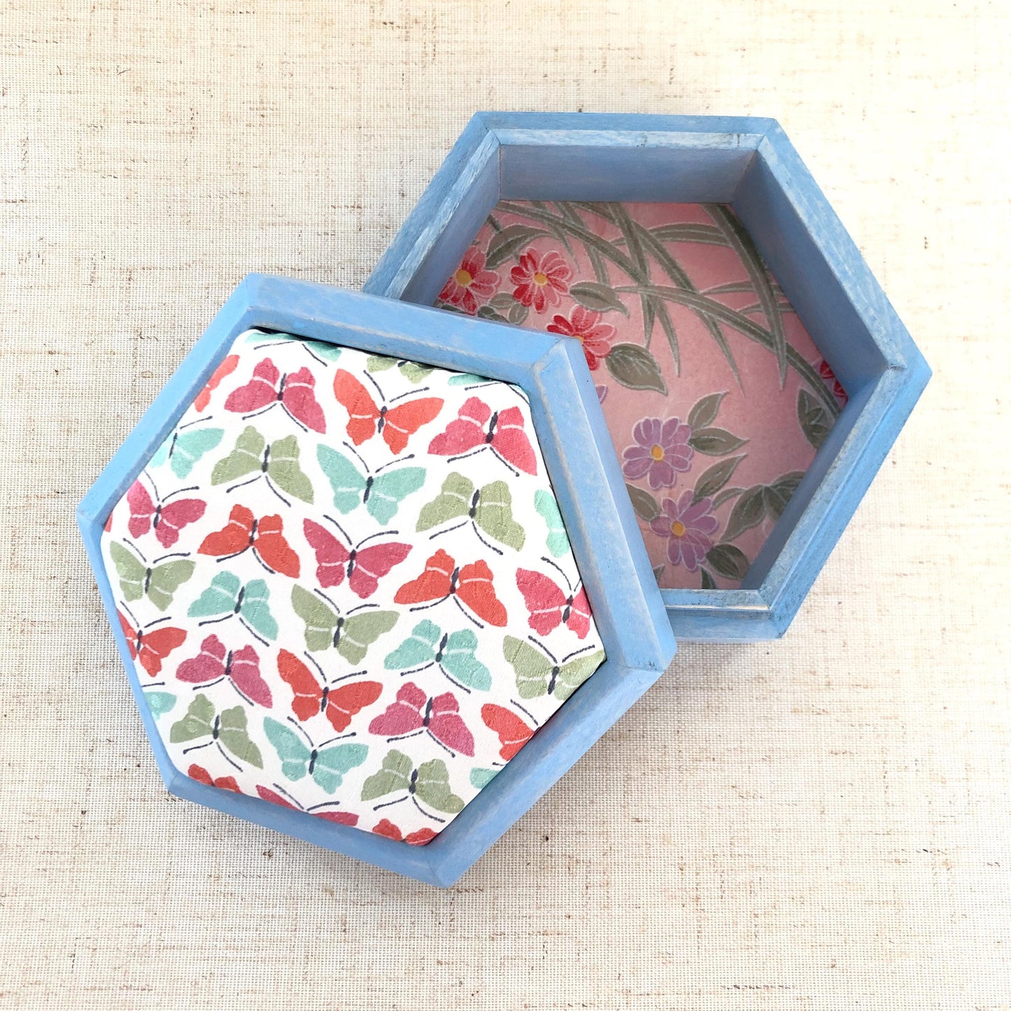 Hexagonal wooden box with upcycled kimono fabric lid