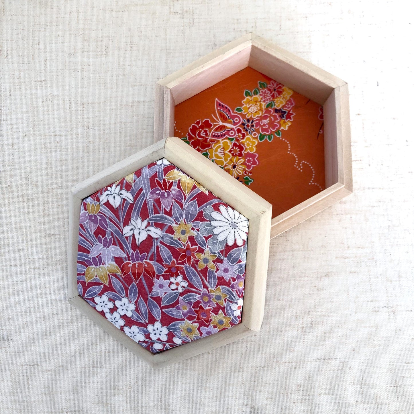 Hexagonal wooden box with upcycled kimono fabric lid
