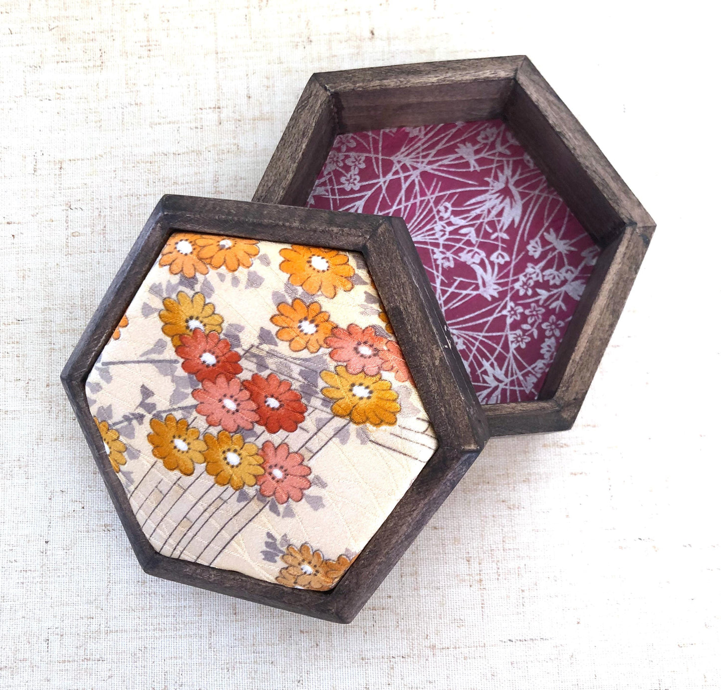 Hexagonal wooden box with upcycled kimono fabric lid