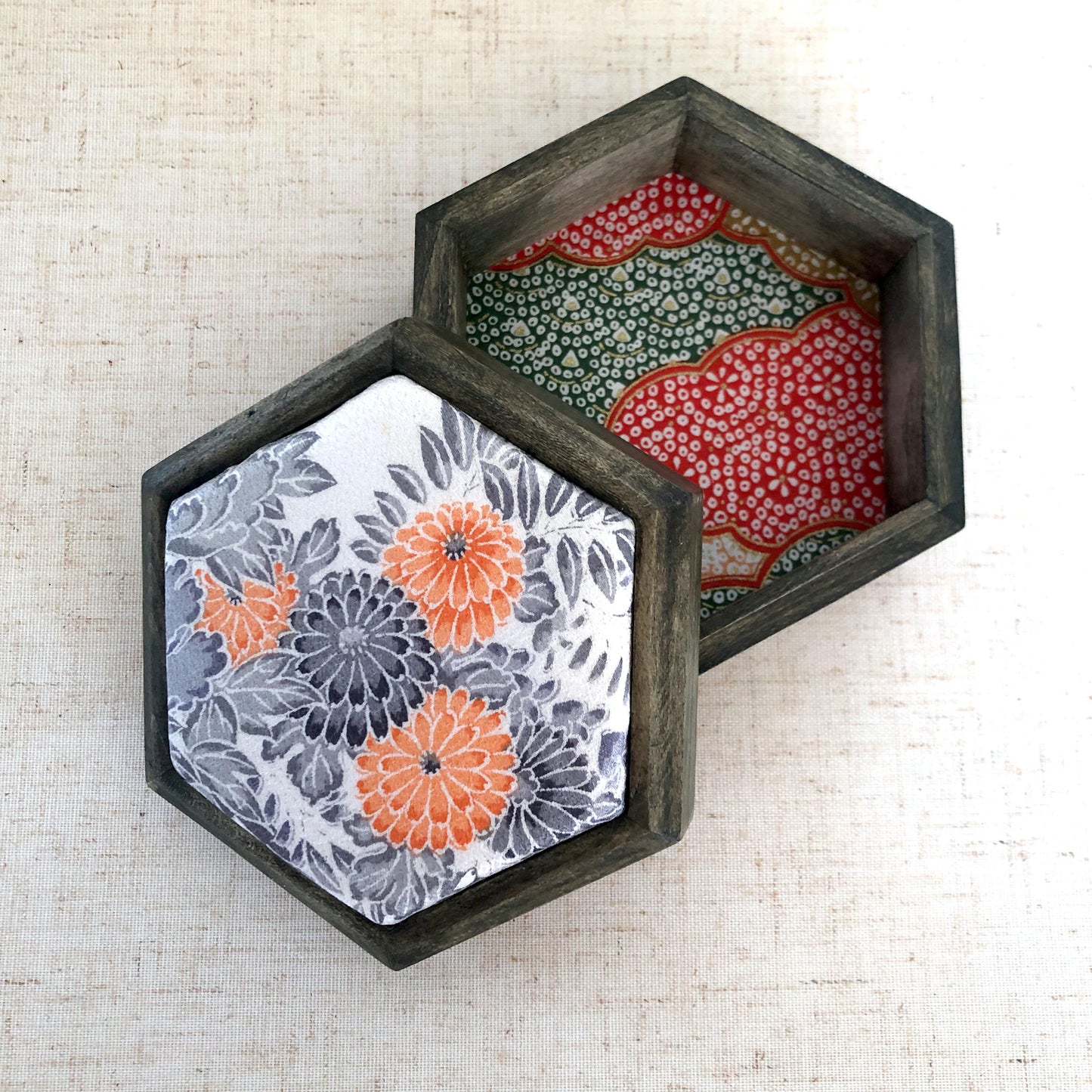 Hexagonal wooden box with upcycled kimono fabric lid