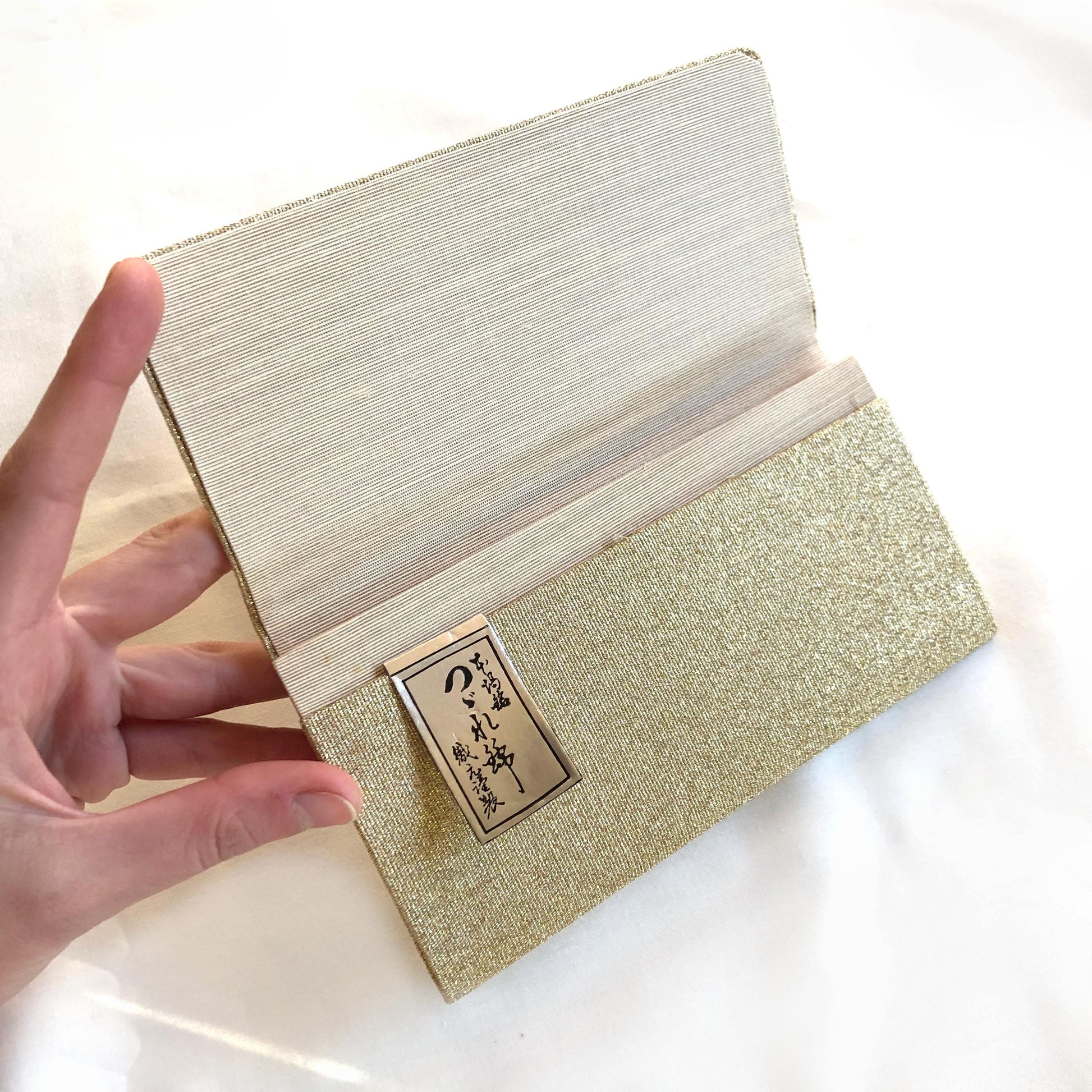 Vintage Japanese slim wallet - golden brocade with camellia flower motif